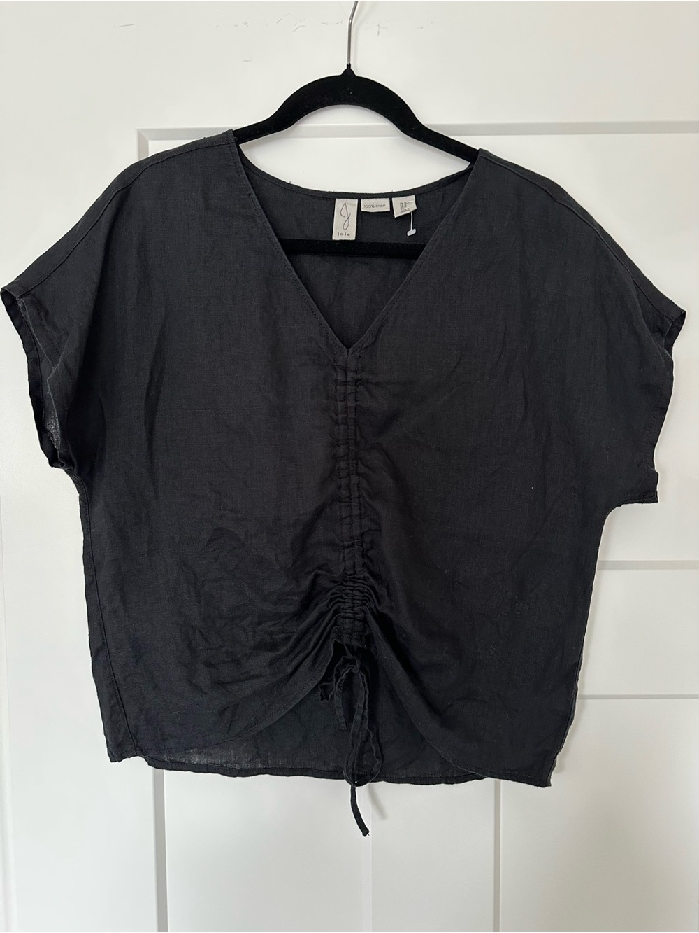 Women’s Joie 100% Linen Black Short Sleeve Scrunch Top
